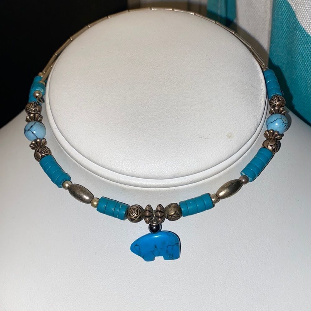 Sterling Silver Turquoise Bear Fetish Choker Necklace